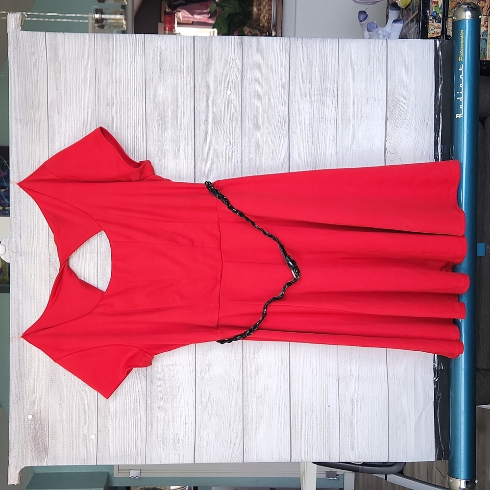 Just for wraps red dress with black braided belt